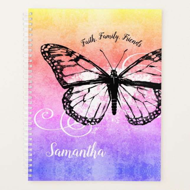 Inspirational Rainbow Butterflies Monogrammed Planner (Front)