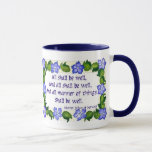 Inspirational Ringer Mug<br><div class="desc">A white ringer mug with navy blue rim and handle. Mother Julian of Norwich's most famous saying,  'All shall be well,  and all shall be well and all manner of things shall be well' is enclosed in a handpainted border of periwinkles on both sides. See also matching greeting card.</div>