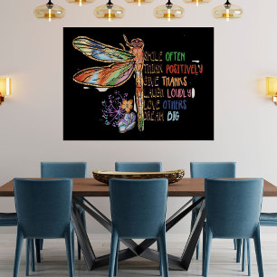 Inspirational Sayings Script Dragonfly Dandelions Poster