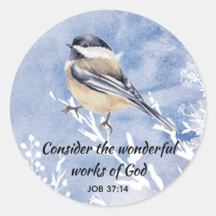 Inspirational Scripture Quote Chhickadee Bird Art Classic Round Sticker