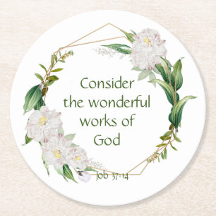 Inspirational Scripture Quote White Roses Flower Round Paper Coaster