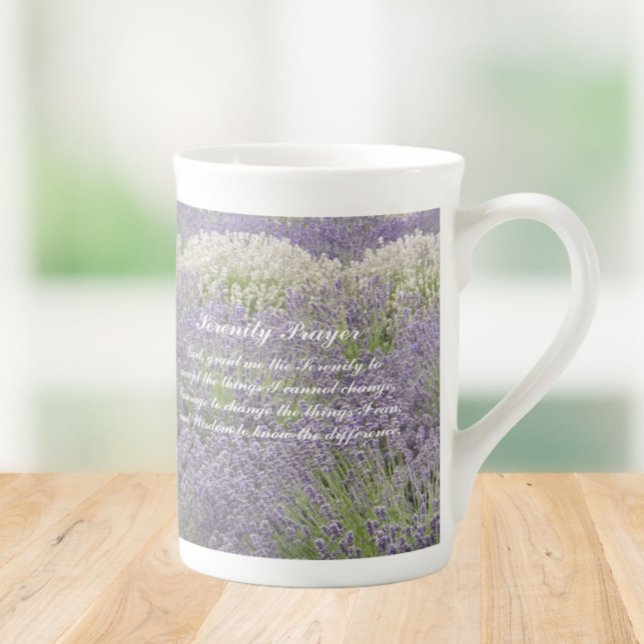 Inspirational Serenity Prayer Lavender Garden Bone China Mug (In Situ)