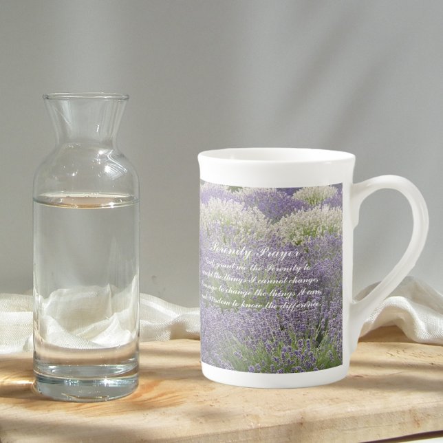 Inspirational Serenity Prayer Lavender Garden Bone China Mug (In Situ)