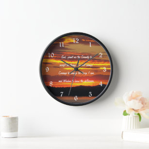 Inspirational Serenity Prayer Orange Sunset Clock