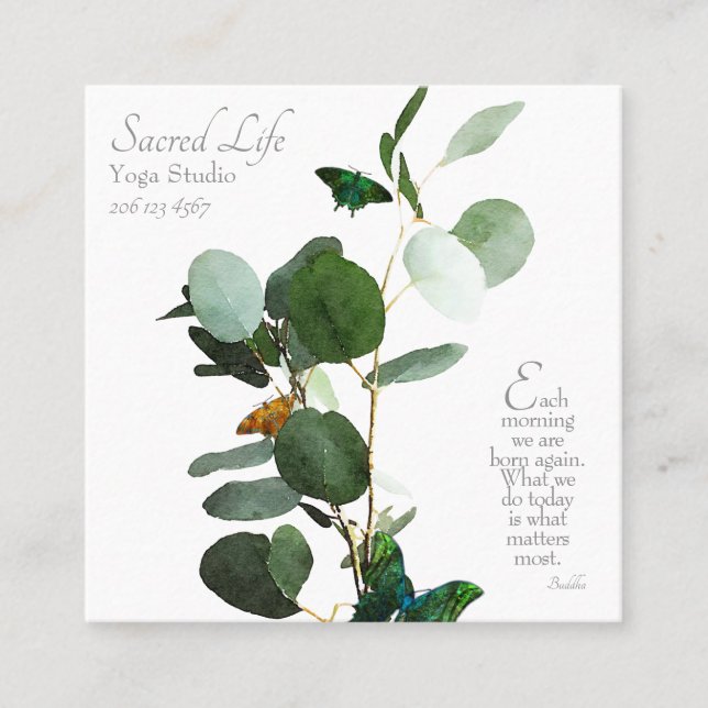 Inspirational Watercolor Eucalyptus & Butterflies Square Business Card (Front)