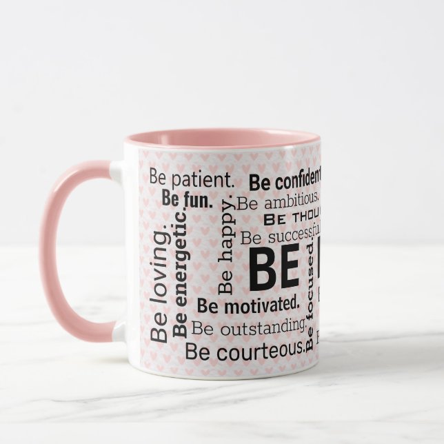 inspirational Word Cloud On Pink Hearts Mug (Left)