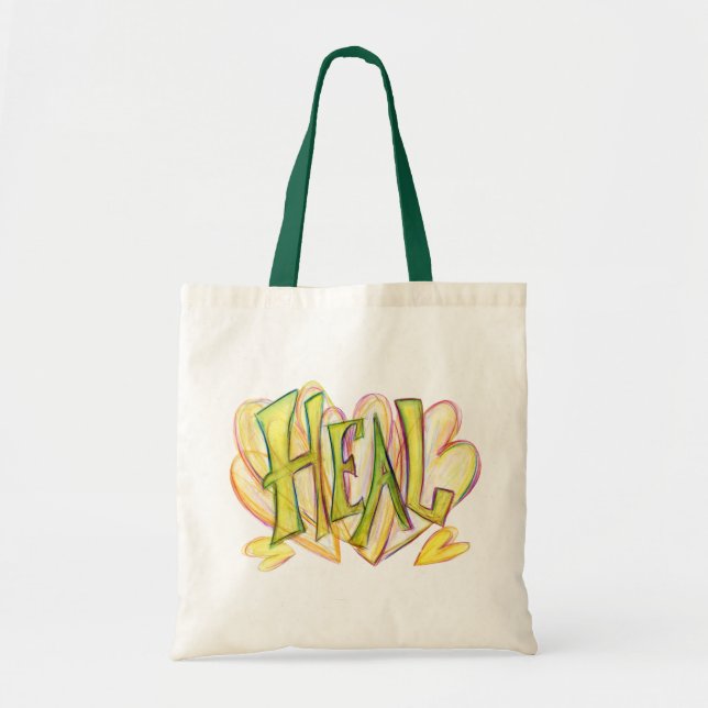 Inspirational Word Heal Art Green Handled Tote Bag (Front)