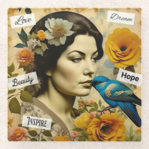 Inspirational Words and Vintage Lady Personalised Glass Coaster