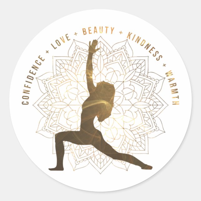 Inspirational words for kindness yoga pose brown classic round sticker (Front)