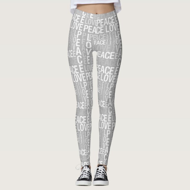 Inspirational Words Love Peace Grey and White Leggings (Front)