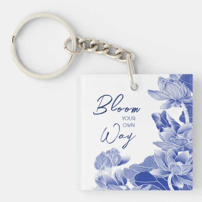 Inspirational Zen Quote Blue Flowers Lotus Mandala Key Ring (Front)