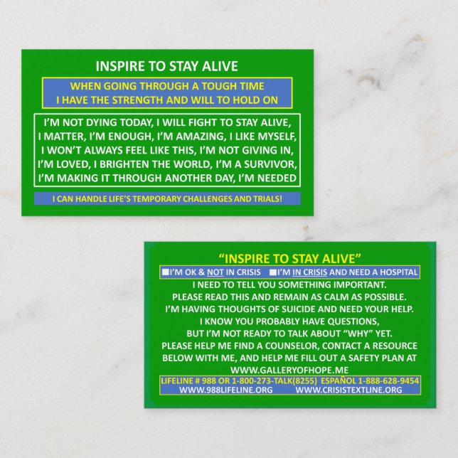 INSPIRE TO STAY ALIVE SUICIDE PREVENTION CARD 2 (Front/Back)