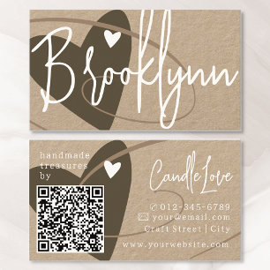 Inspired Beige Brown Made With Love Heart QR Code Business Card