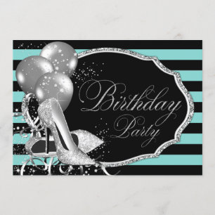 Inspired Black Teal Blue Birthday Party Invitation