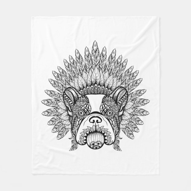 Inspired French Bulldog In War Bonnet Fleece Blanket (Front)