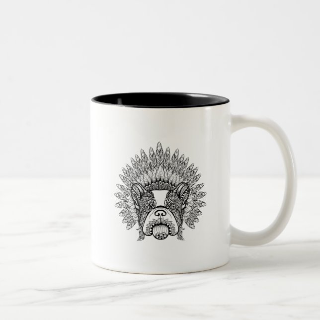 Inspired French Bulldog In War Bonnet Two-Tone Coffee Mug (Right)