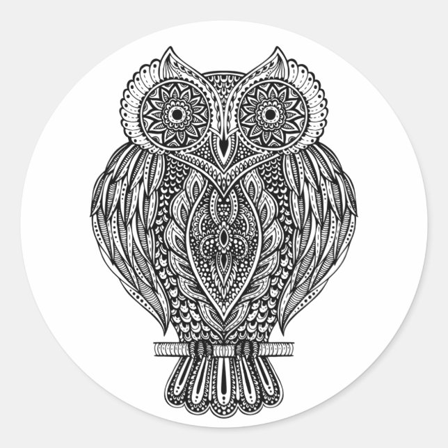 Inspired Hand Drawn Ornate Owl Classic Round Sticker (Front)