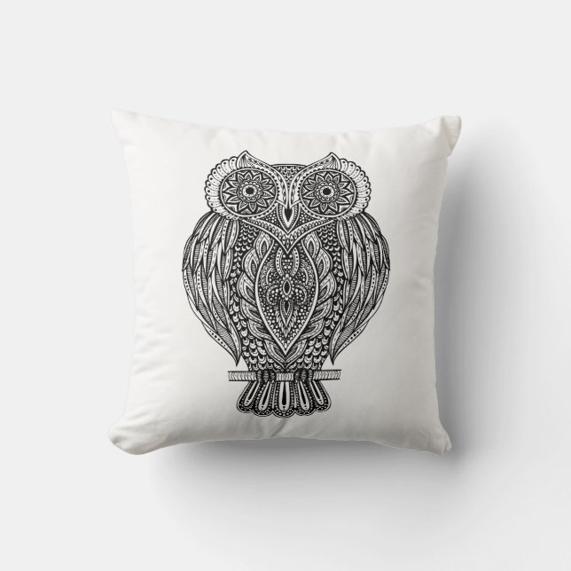 Inspired Hand Drawn Ornate Owl Cushion (Front)