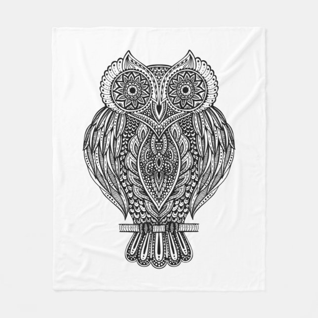Inspired Hand Drawn Ornate Owl Fleece Blanket (Front)