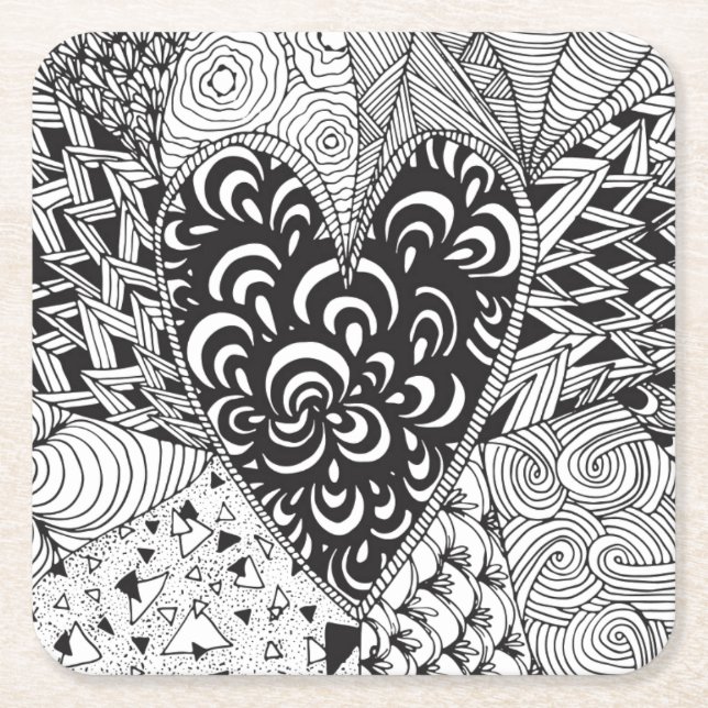 Inspired Heart Doodle Square Paper Coaster (Front)