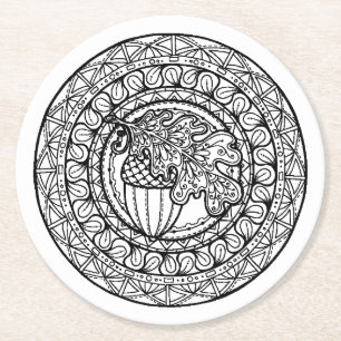 Inspired Mandala Autumn Oak Leaf Round Paper Coaster