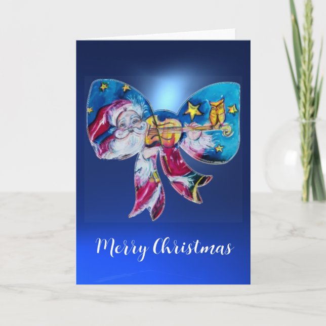 INSPIRED SANTA PLAYING VIOLIN CHRISTMAS BOW Blue Holiday Card (Front)