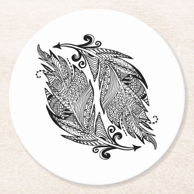 Inspired Sketch Of Feathers Round Paper Coaster (Front)