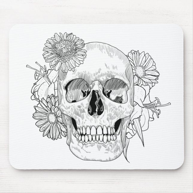 Inspired Skull And Flowers Mouse Mat (Front)