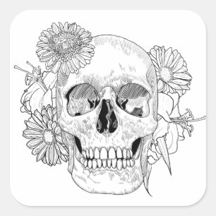 Inspired Skull And Flowers Square Sticker