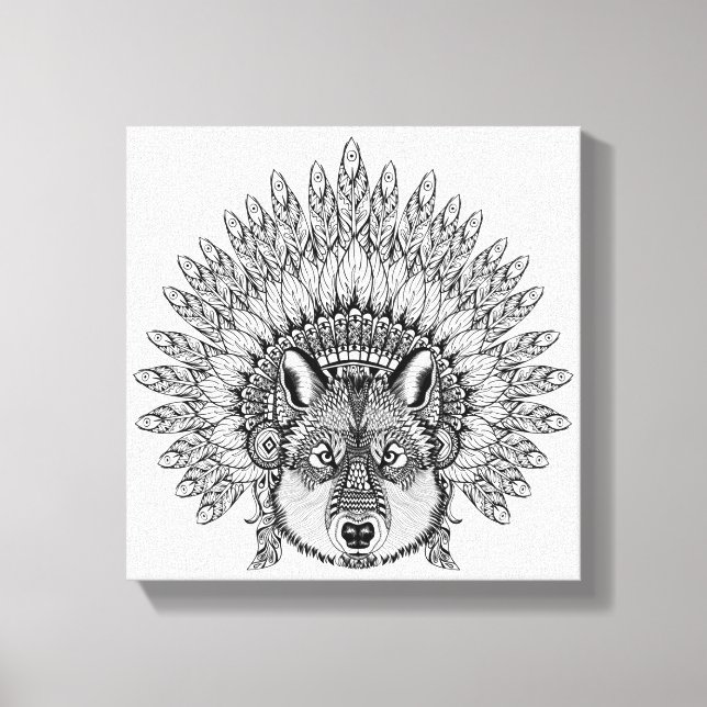 Inspired Wolf In Feathered War Bonnet 6 Canvas Print (Front)