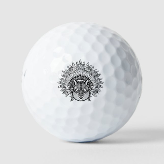 Inspired Wolf In Feathered War Bonnet Golf Balls (Front)