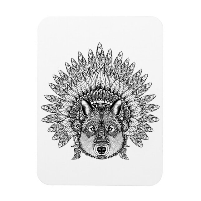 Inspired Wolf In Feathered War Bonnet Magnet (Vertical)