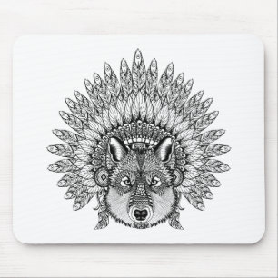 Inspired Wolf In Feathered War Bonnet Mouse Mat