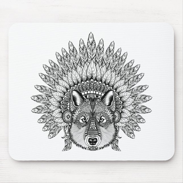 Inspired Wolf In Feathered War Bonnet Mouse Mat (Front)