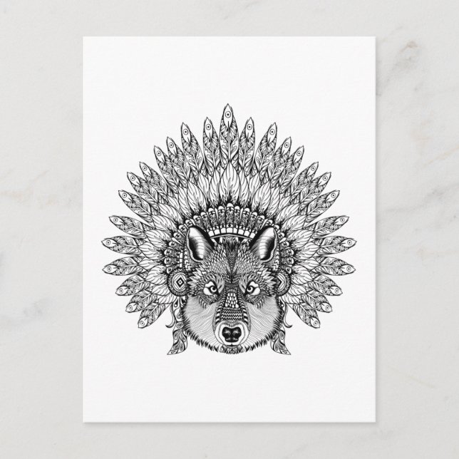 Inspired Wolf In Feathered War Bonnet Postcard (Front)