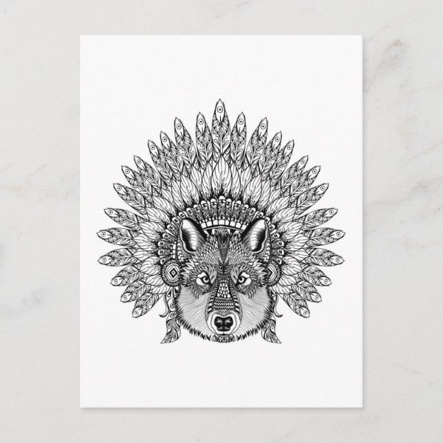 Inspired Wolf In Feathered War Bonnet Postcard (Front)