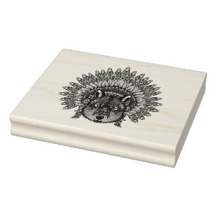 Inspired Wolf In Feathered War Bonnet Rubber Stamp