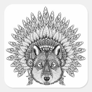 Inspired Wolf In Feathered War Bonnet Square Sticker
