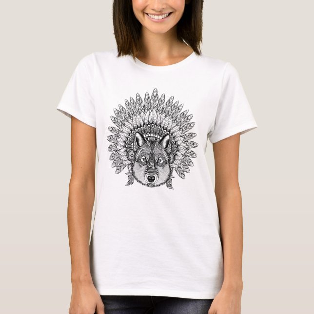 Inspired Wolf In Feathered War Bonnet T-Shirt (Front)