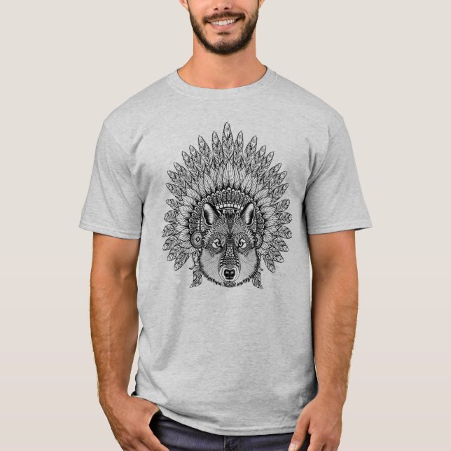 Inspired Wolf In Feathered War Bonnet T-Shirt (Front)