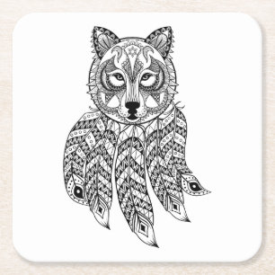 Inspired Wolf With Dreamcatcher Square Paper Coaster
