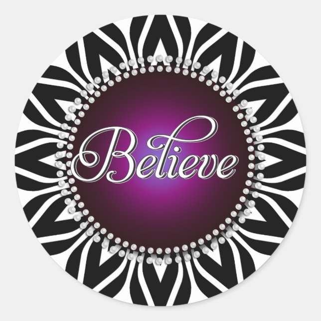InspireMe! Believe Black White Mandala Plum Circle Classic Round Sticker (Front)