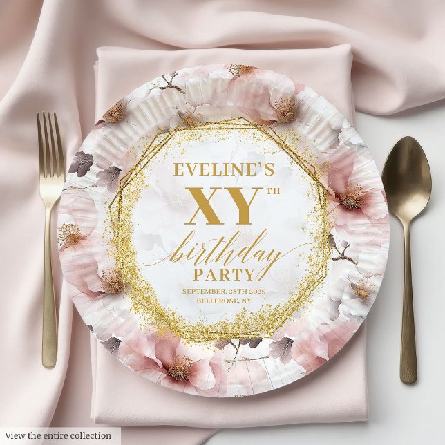 Inspiring Blush Floral Gold  Birthday Paper Plates (Inspiring Blush Floral Gold  Birthday Paper Plates)