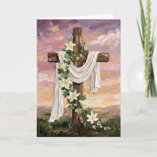 Inspiring Easter Cross White Lilies Oil Painting Holiday Card