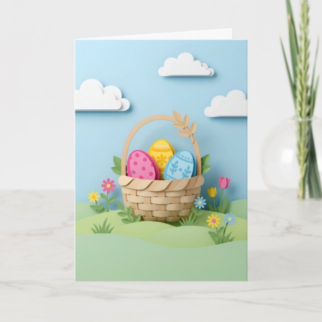 Inspiring Easter Egg Basket Papercraft Flowers Holiday Card (Front)