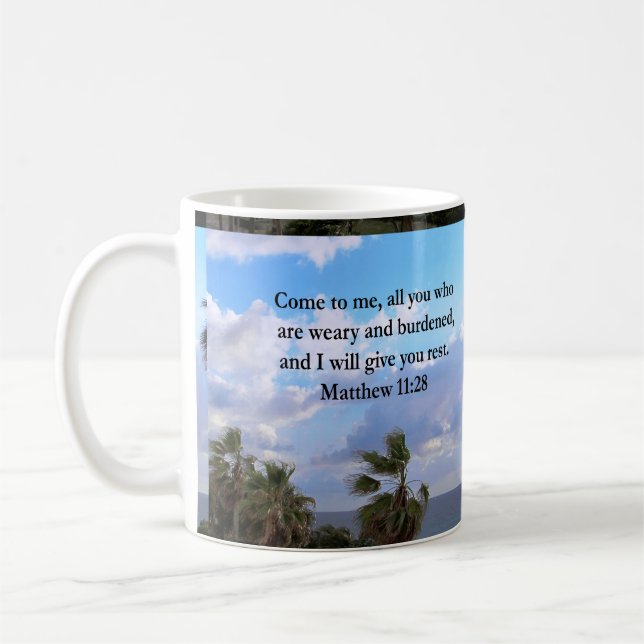 INSPIRING MATTHEW 11:28 SCRIPTURE DESIGN COFFEE MUG (Left)