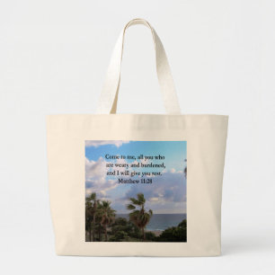 INSPIRING MATTHEW 11:28 SCRIPTURE DESIGN LARGE TOTE BAG