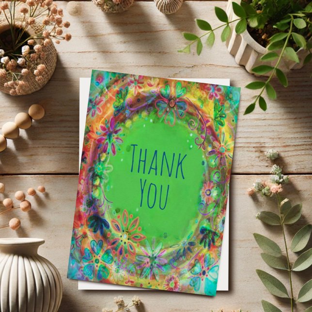 Inspirivity Thank You Pretty Floral Green BoHo Card (Creator Uploaded)