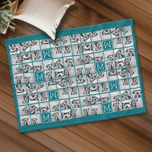 Instagram Collage with Custom Monogram Blue Fleece Blanket