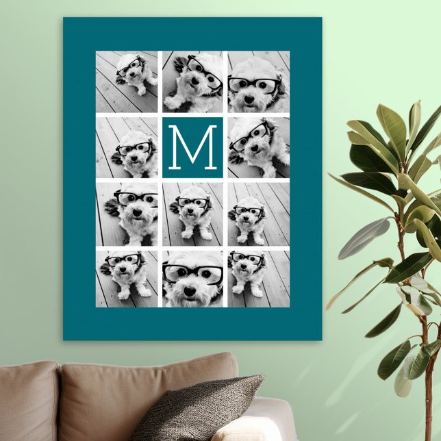 Instagram Collage with Custom Monogram Blue Poster (Photo Collage Poster)